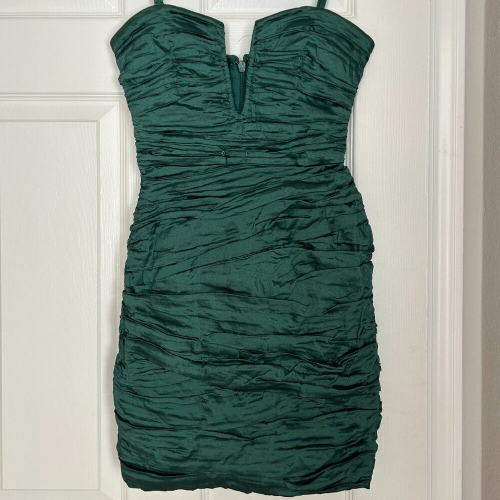 BCBG Max Azria Tristina Ruched Mini Dress – Emerald Green, Size 2, Plunging Neck